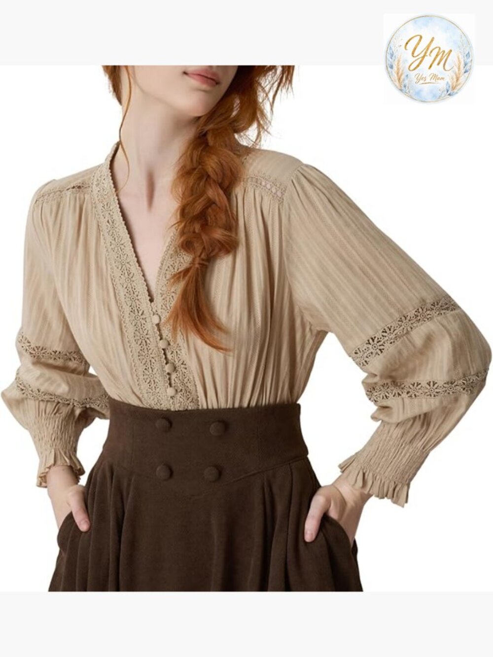 Women Renaissance Shirt Peasant Blouse V Neck Pirate Sleeve Dressy Top Costume
